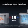 A portable fridge cooling from 77°F down to 32°F in just 15 minutes, shown side by side with a warm interior on the left and a frost-cold interior on the right.