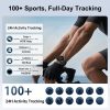 Fitness tracking feature graphic showing a cyclist wearing the watch, a daily activity summary with 6,028 steps, 5.03km, 328 calories burned, and a heart rate of 148 BPM, plus icons representing over 100 supported sport modes. smart_watch_7.jpg Title: KW296 Smartwatch – Battery Life, Dimensions, and Package