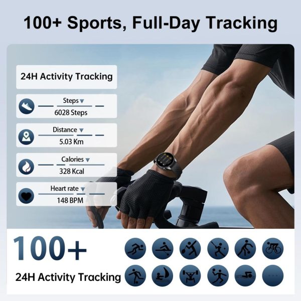 Fitness tracking feature graphic showing a cyclist wearing the watch, a daily activity summary with 6,028 steps, 5.03km, 328 calories burned, and a heart rate of 148 BPM, plus icons representing over 100 supported sport modes. smart_watch_7.jpg Title: KW296 Smartwatch – Battery Life, Dimensions, and Package