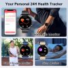 Health tracking feature graphic split into three sections: a heart rate monitor showing 102 BPM with a 7-day trend graph, a blood oxygen monitor showing 98% SpO2, and a sleep monitor showing 6 hours of sleep logged from 23:00 to 05:00.