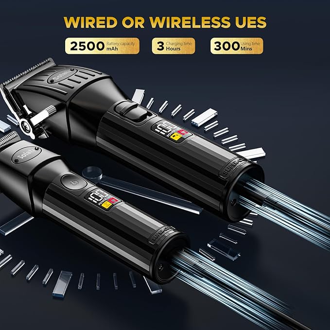 Two black cordless hair clippers with LED displays showing battery level, with specs showing 2500mAh battery, 3-hour charge time, and 300 minutes of use
