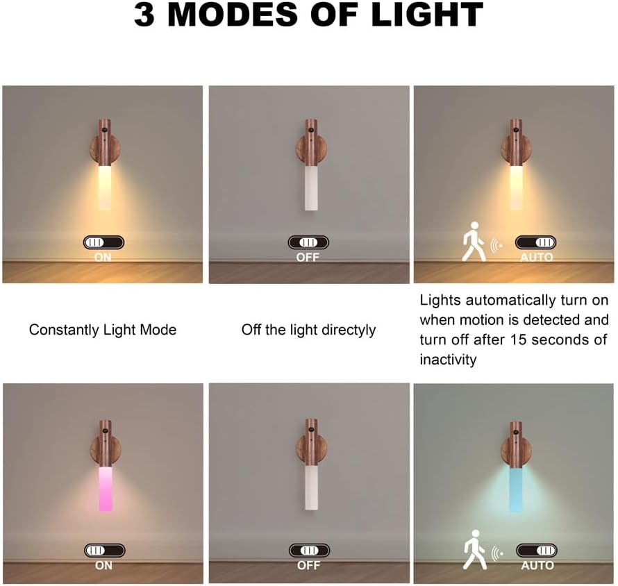 Wooden night light showing three modes, constant ON, OFF, and AUTO motion sensor mode in both warm white and colour light options