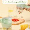 Electric vegetable cutter emptying freshly chopped vegetables and with an anti-splash cup preventing vegetable huice from splashing
