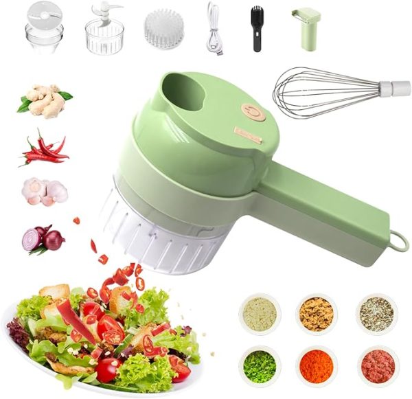 Green 4-in-1 electric vegetable cutter surrounded by accessories, whisk, and chopped ingredients including garlic, chili, and onion