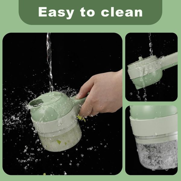 Hand rinsing green electric vegetable cutter under running water showing easy washable design