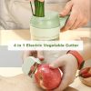 Electric vegetable cutter slicing green onions and peeling a red apple with paring knife attachment