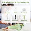 All accessories of electric vegetable cutter including cooking kit, slicing kit, cleaning brush, whisk, spatula, and feeder