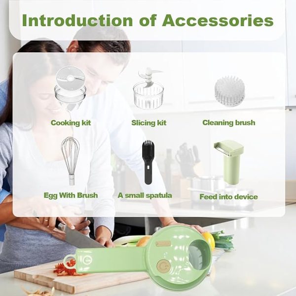 All accessories of electric vegetable cutter including cooking kit, slicing kit, cleaning brush, whisk, spatula, and feeder