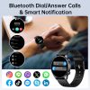 Smartwatch connectivity feature graphic showing an incoming Bluetooth call screen, a recent calls list, a contacts list, and social media notification previews from Instagram and Facebook, with app icons including WhatsApp, TikTok, SMS, Skype, and LinkedIn.