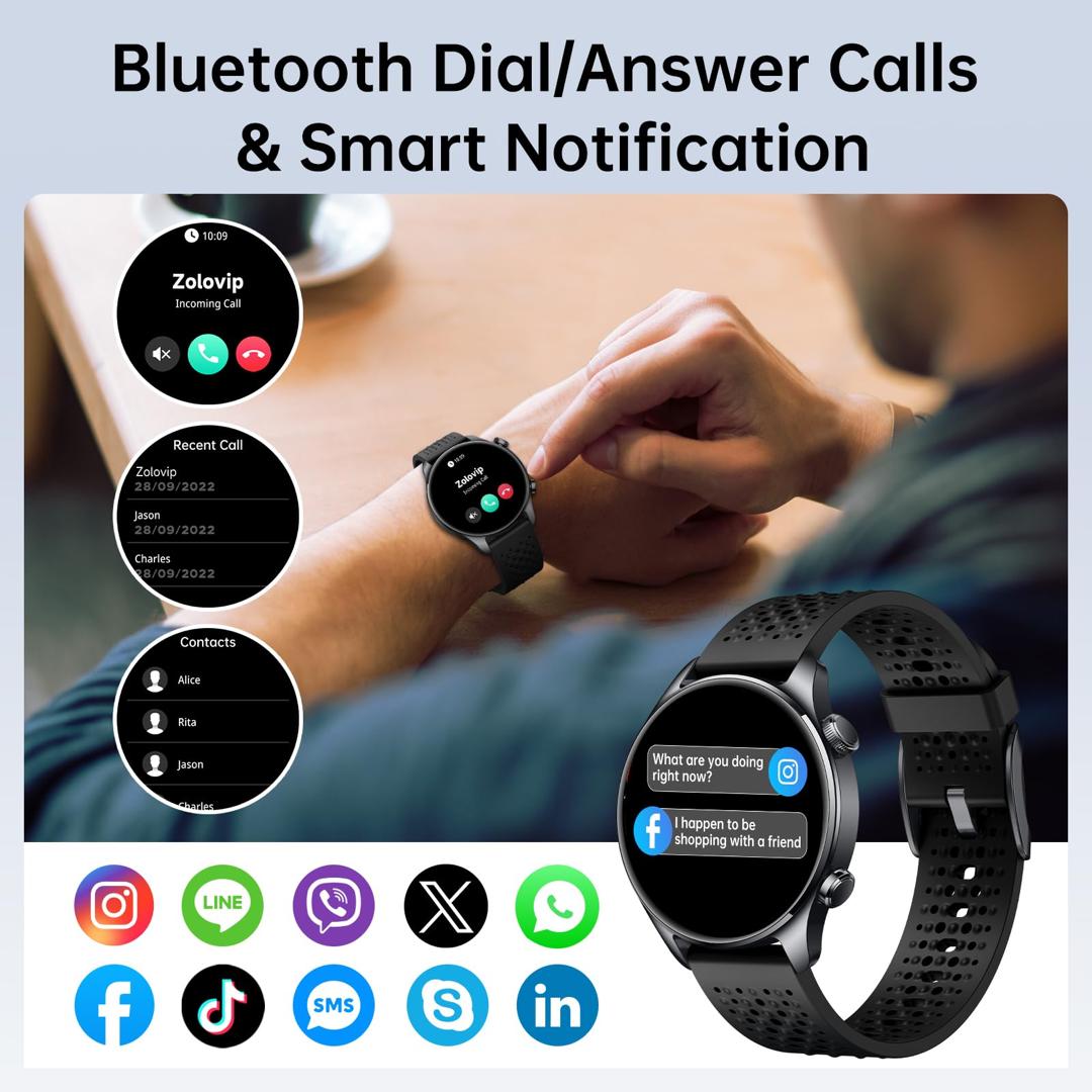 Smartwatch connectivity feature graphic showing an incoming Bluetooth call screen, a recent calls list, a contacts list, and social media notification previews from Instagram and Facebook, with app icons including WhatsApp, TikTok, SMS, Skype, and LinkedIn.