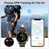 Smartwatch GPS feature graphic showing a hiker on a mountain trail, a watch screen displaying a 34-minute run with 5.03km distance, and a paired phone app showing the mapped route with heart rate at 102 BPM.
