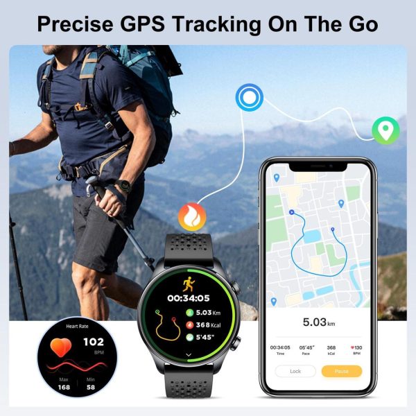 Smartwatch GPS feature graphic showing a hiker on a mountain trail, a watch screen displaying a 34-minute run with 5.03km distance, and a paired phone app showing the mapped route with heart rate at 102 BPM.