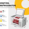 portable refrigerator with dimensions 22.68 x 12.60 x 12.97 inches, holding 28 cans of cola, 6 water bottles, 4 juice bottles, and 1 gallon of milk