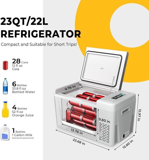 portable refrigerator with dimensions 22.68 x 12.60 x 12.97 inches, holding 28 cans of cola, 6 water bottles, 4 juice bottles, and 1 gallon of milk
