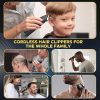 Collage of four people getting haircuts with a cordless black hair clipper — a young boy, an elderly man, a bearded man, and a man trimming his own beard