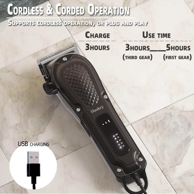 Black hair clipper lying on a marble floor with a USB charging cable, showing cordless and corded operation specs — 3-hour charge time and up to 5 hours of use
