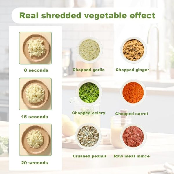 Results of electric vegetable chopper showing chopped garlic, ginger, celery, carrot, crushed peanut, and raw meat mince