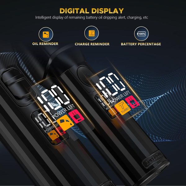 Close-up of two black hair clippers with bright LED displays showing battery percentage, oil reminder icon, turbo mode indicator, and charge reminder