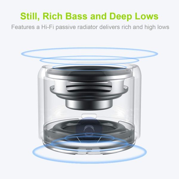 Transparent cutaway view of a mini speaker showing its Hi-Fi passive radiator and internal components for deep bass sound