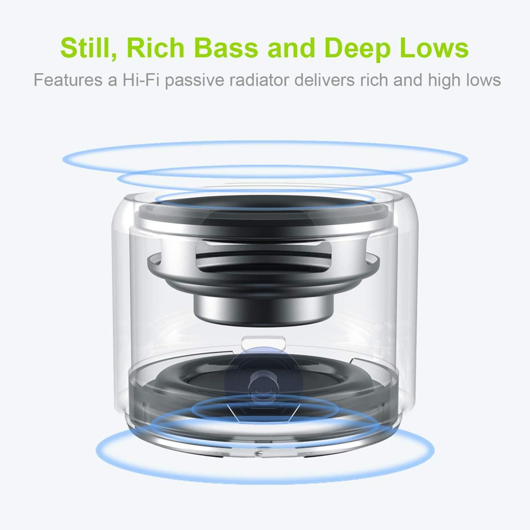 Transparent cutaway view of a mini speaker showing its Hi-Fi passive radiator and internal components for deep bass sound