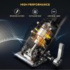 Transparent cutaway view of a hair clipper's high-performance motor with labels showing effortless cutting, no hair pulling, and low noise under 60 decibels