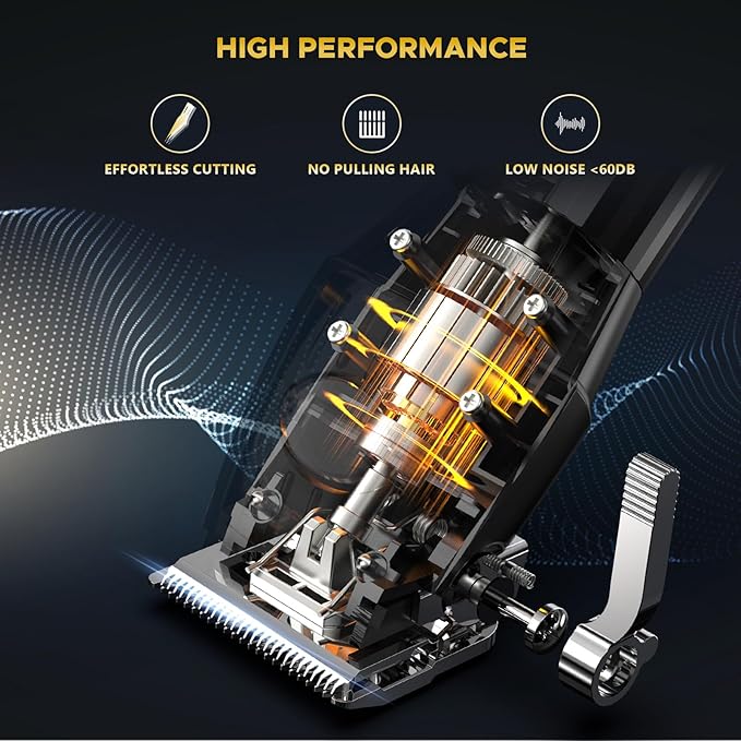 Transparent cutaway view of a hair clipper's high-performance motor with labels showing effortless cutting, no hair pulling, and low noise under 60 decibels
