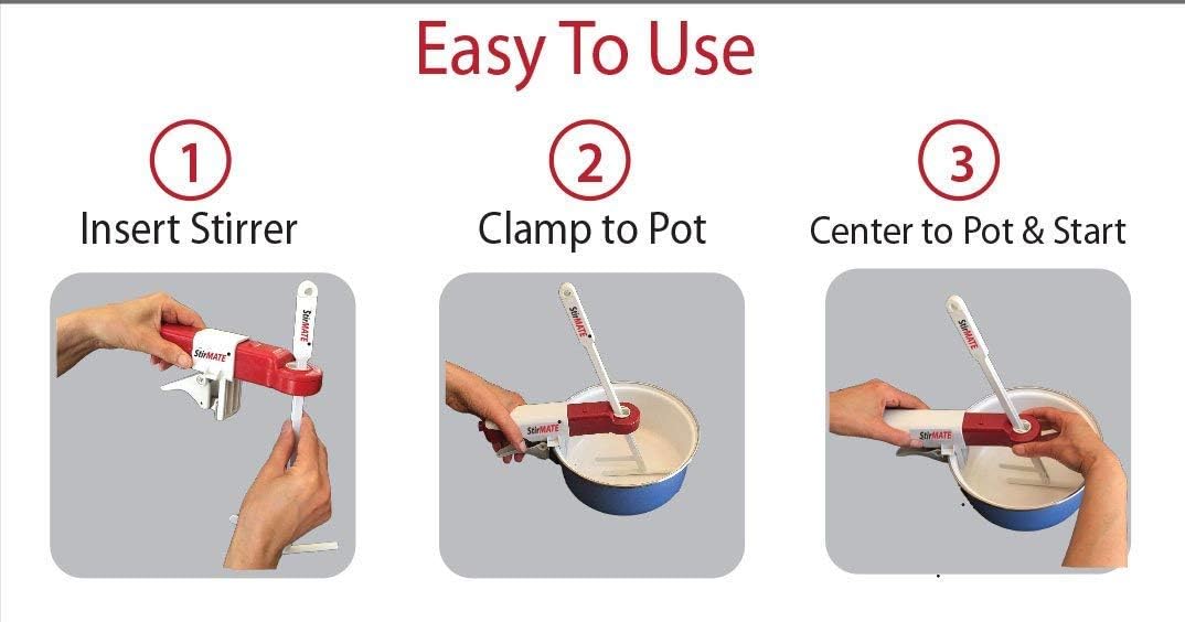 Three-step guide showing how to insert stirrer, clamp to pot, and center it for use