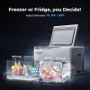 portable fridge freezer with adjustable temperature between -8°F and 50°F, switchable between refrigerator mode (32°F–50°F) and freezer mode (-8°F–32°F) for fresh food or frozen meat and seafood.