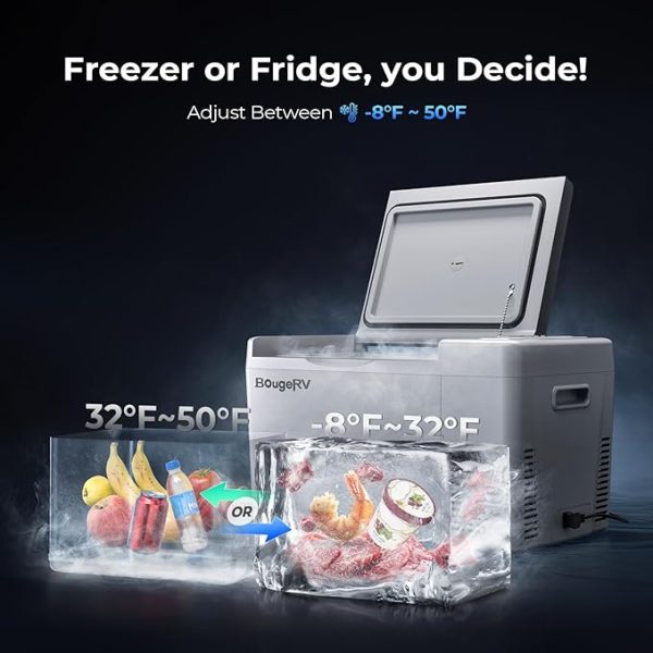 portable fridge freezer with adjustable temperature between -8°F and 50°F, switchable between refrigerator mode (32°F–50°F) and freezer mode (-8°F–32°F) for fresh food or frozen meat and seafood.