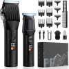 Complete black hair clipper and trimmer set laid out with guide combs, cleaning brush, USB cable, hair cape, oil bottle, and product box
