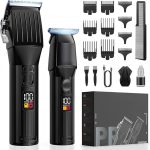 Complete black hair clipper and trimmer set laid out with guide combs, cleaning brush, USB cable, hair cape, oil bottle, and product box