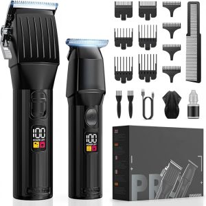 Complete black hair clipper and trimmer set laid out with guide combs, cleaning brush, USB cable, hair cape, oil bottle, and product box
