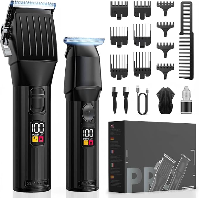 Complete black hair clipper and trimmer set laid out with guide combs, cleaning brush, USB cable, hair cape, oil bottle, and product box