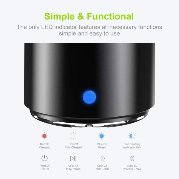 Close-up of a black mini speaker's blue LED button with icons showing charging, pairing, play/pause, and track control functions