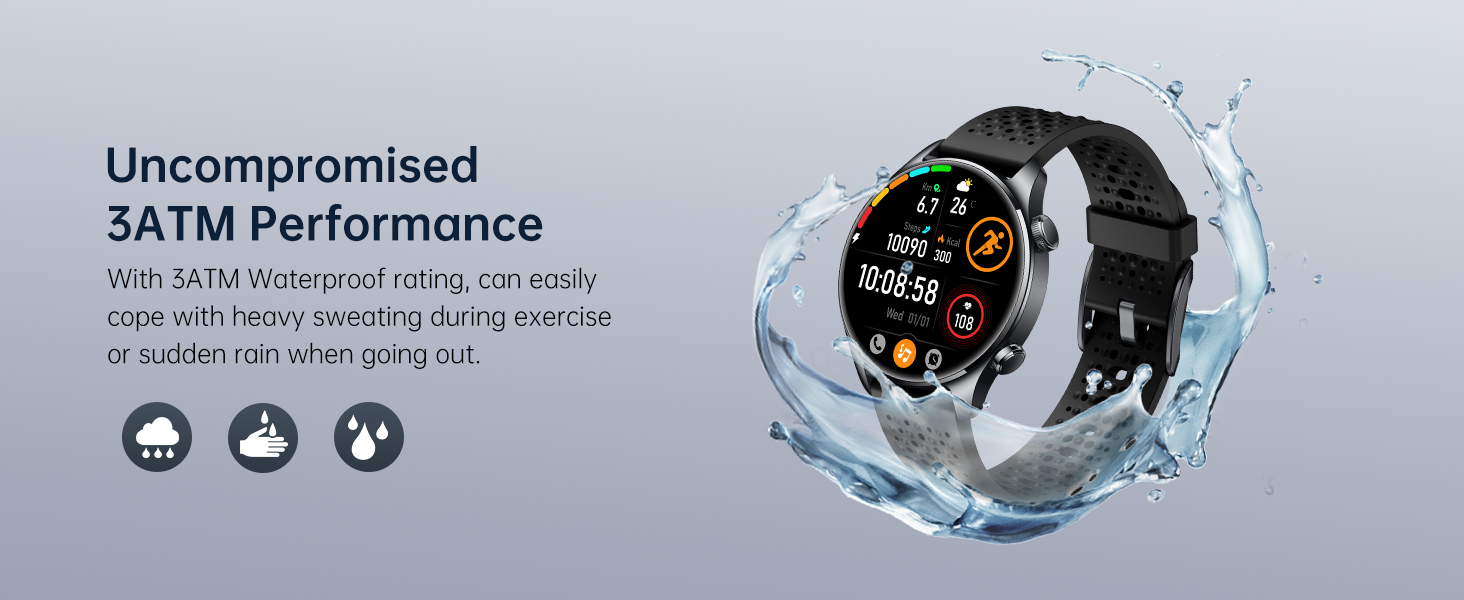Waterproofing feature graphic showing the smartwatch surrounded by a water splash, with text indicating a 3ATM waterproof rating suitable for heavy sweating during exercise and exposure to rain, accompanied by icons for rain, handwash, and water drops.