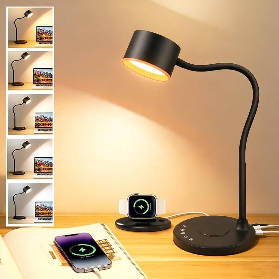 Black dynamic bedside light with gooseneck arm, built-in wireless charging pad, USB ports, and smartwatch charger on wooden desk