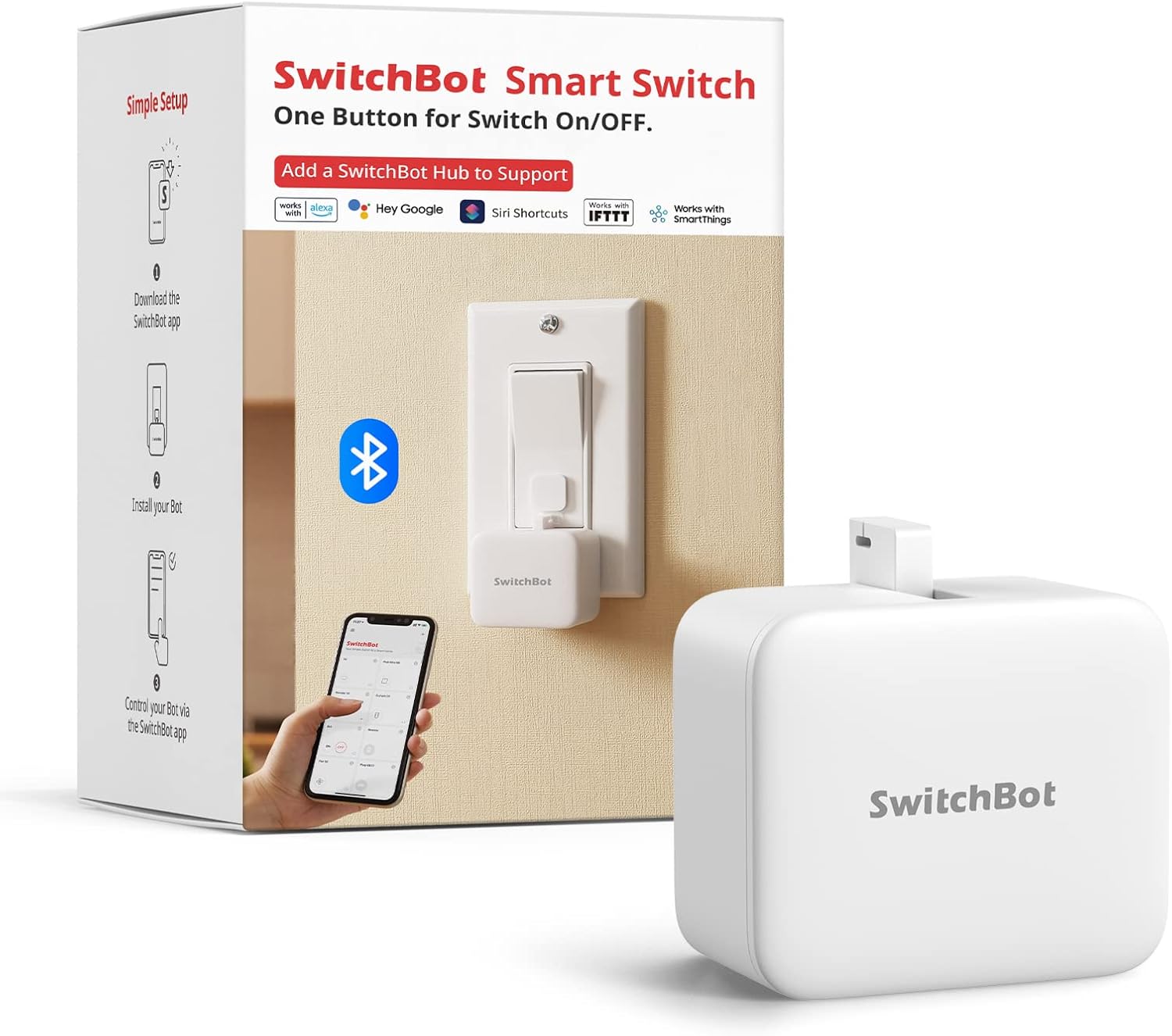Smart button pusher retail box with product shown mounted on a light switch, controlled via smartphone app with Alexa, Google, Siri, and IFTTT compatibility