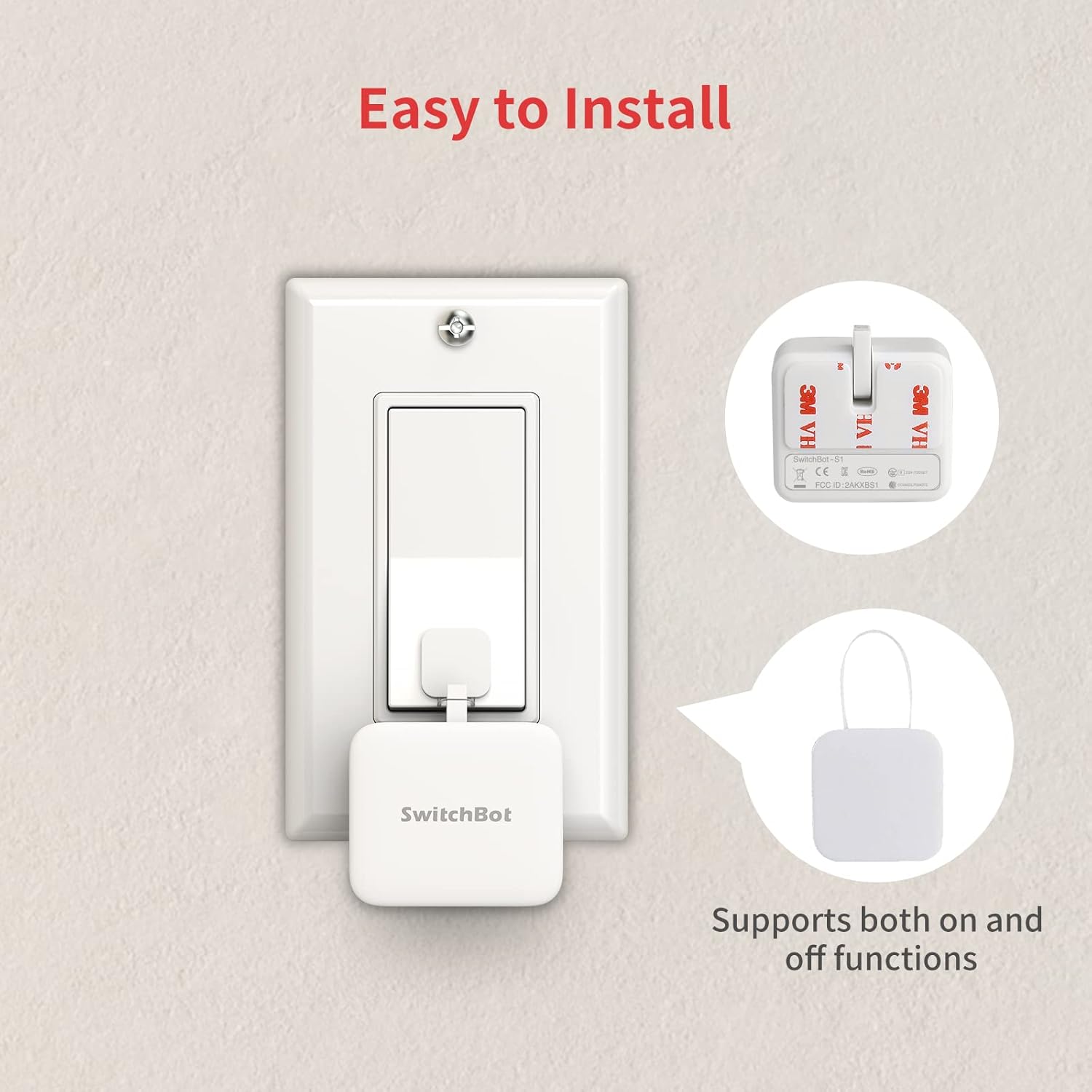 smart switch bot mounted on light switch with 3M adhesive backing, supporting both on and off functions