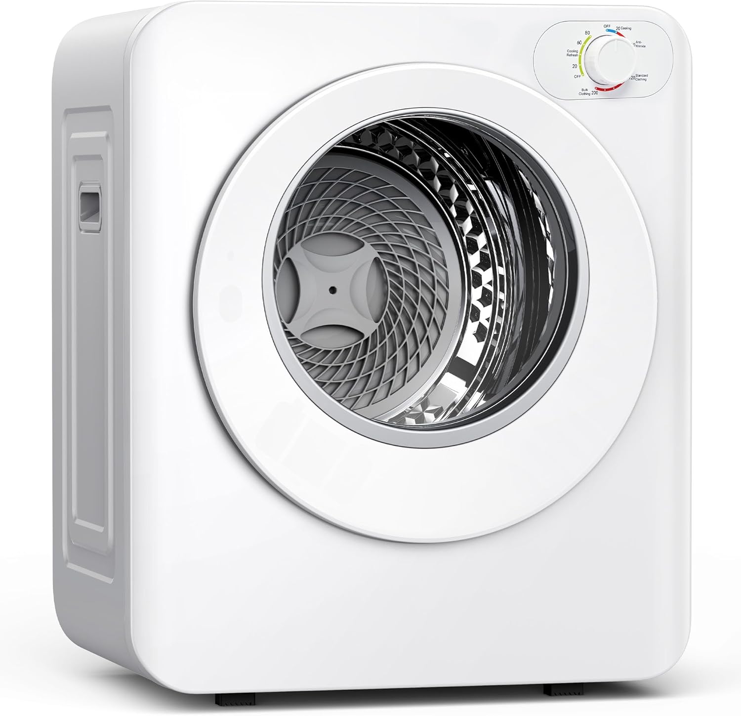 White compact electric clothes dryer with stainless steel drum, front-loading glass door, and a multi-function timer dial on top