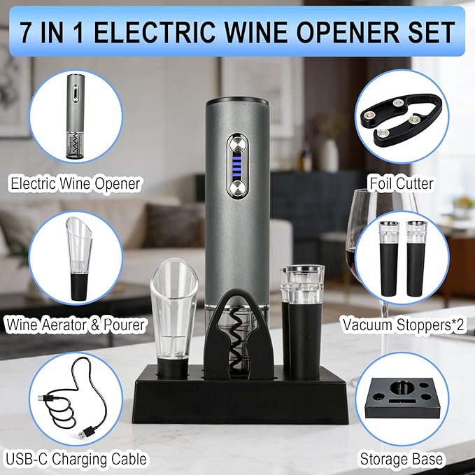 electric wine opener set with foil cutter, wine aerator pourer, vacuum stoppers, USB-C charging cable, and storage base