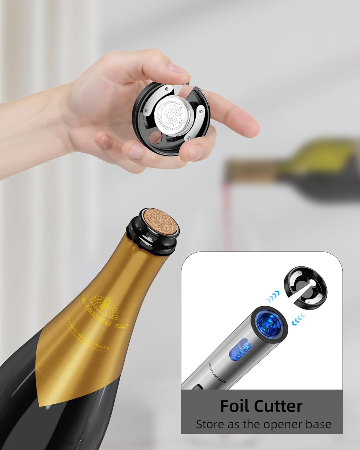 Foil cutter removing wine bottle seal before opening with electric wine opener