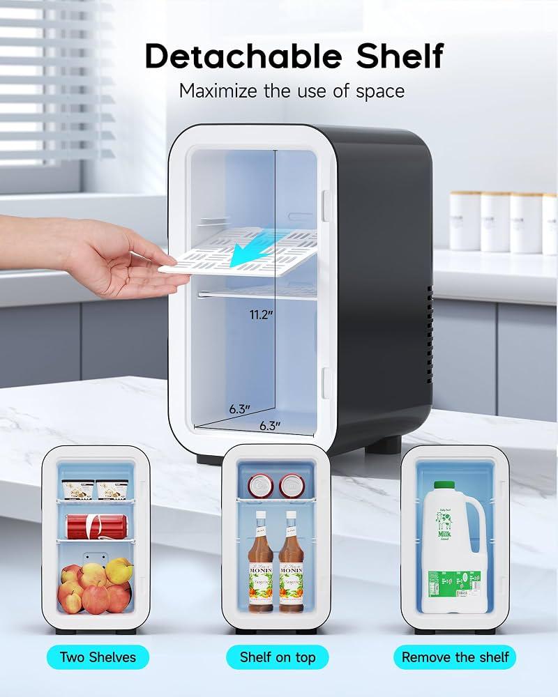 Mini fridge with hand removing a detachable shelf, showing three configurations with two shelves, one shelf on top, and shelf removed for a large jug