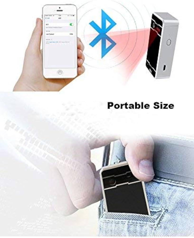 Laser keyboard pairing via Bluetooth with a smartphone and fitting easily into a pocket, showing its portable size.