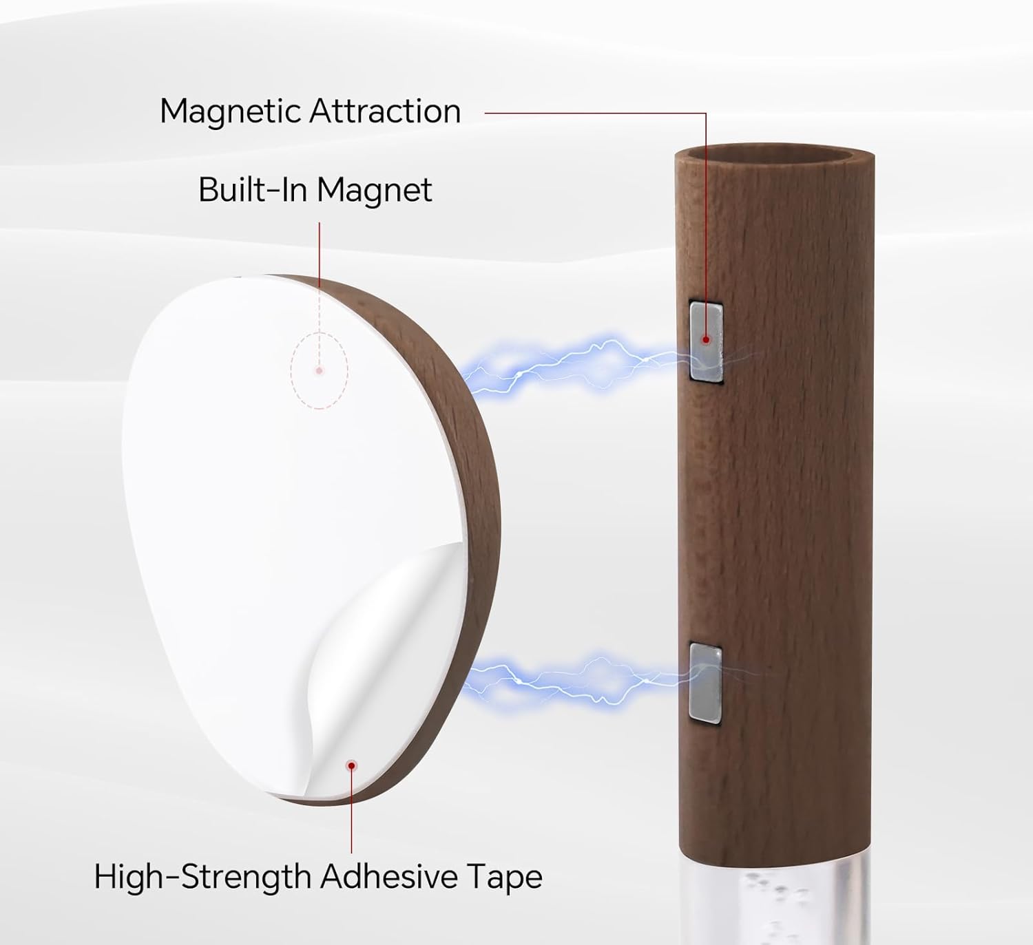 Wooden night light with magnetic mounting system showing built-in magnet on the light body attracting to a round wall base secured with high-strength adhesive tape