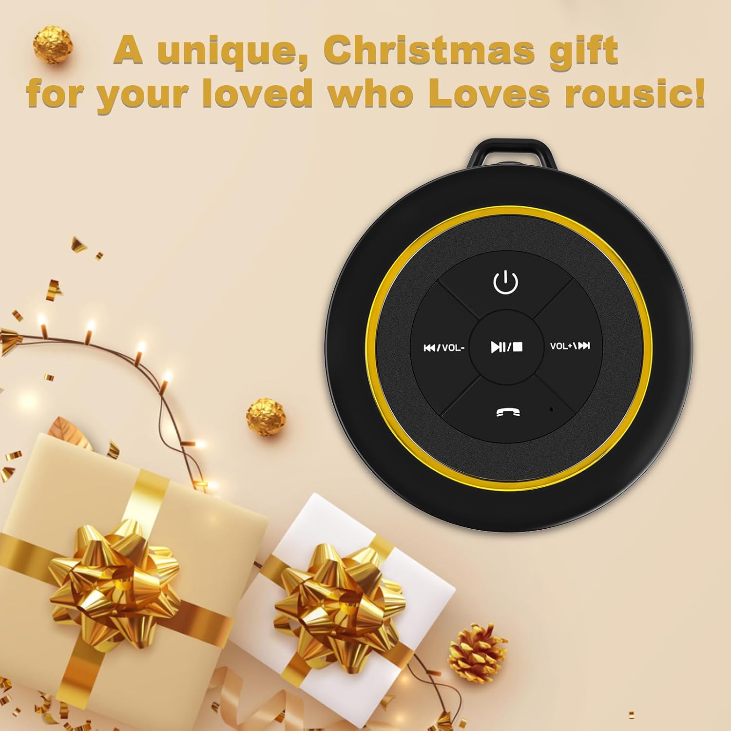 Black and gold round mini Bluetooth speaker displayed as a Christmas gift surrounded by wrapped presents, gold ribbons, and festive decorations