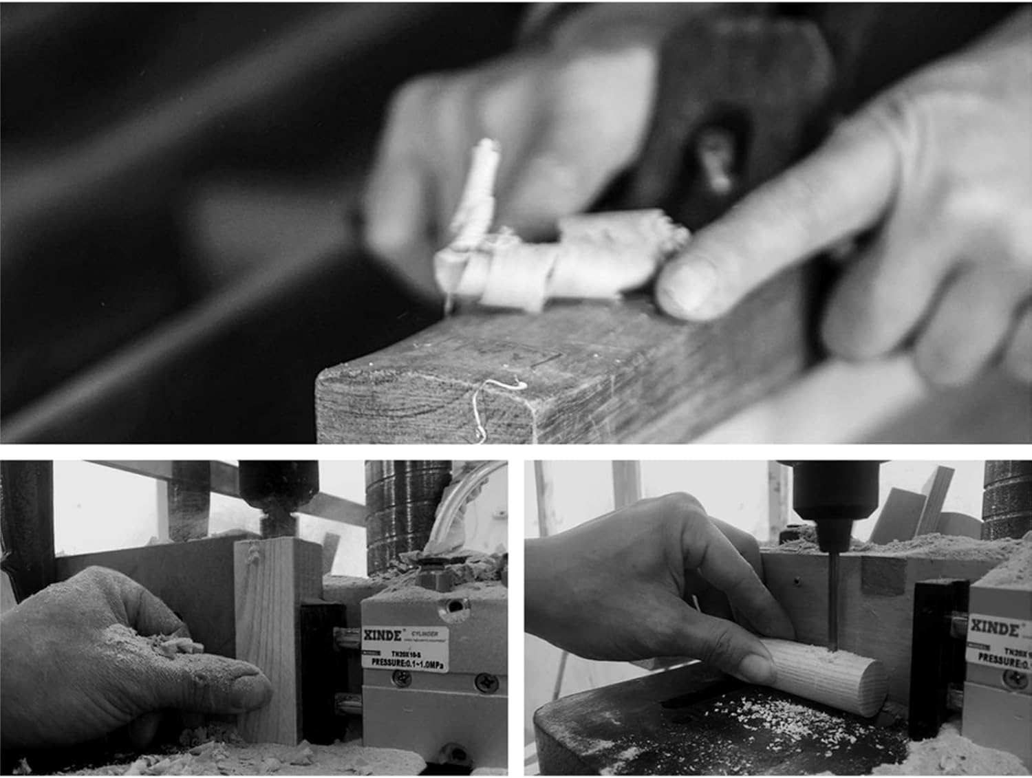 Three black-and-white photos showing craftsmen hand-shaping and machine-drilling natural wood to craft the body of a wooden LED night light