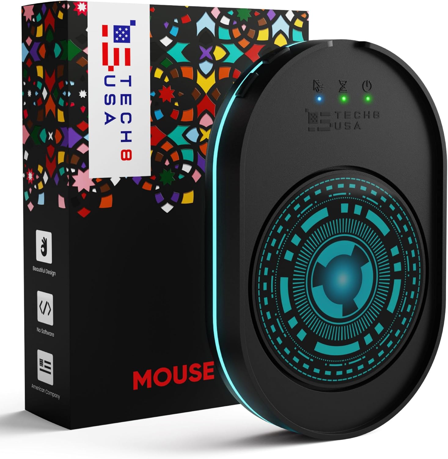 mouse jiggler with teal LED disc and status indicator lights, shown next to its colorful patterned retail packaging box