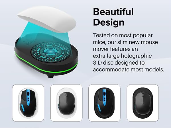 Black mouse jiggler device with green LED base and holographic 3D disc, shown compatible with four different wireless mouse models