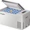 portable solar energy fridge freezer open and filled with water bottles, featuring a digital control panel and 12V/24V DC power port.
