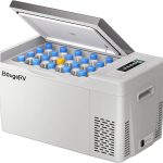 portable solar energy fridge freezer open and filled with water bottles, featuring a digital control panel and 12V/24V DC power port.